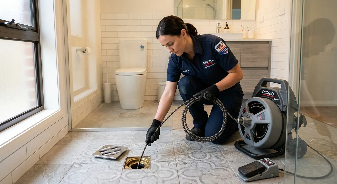 Technician clearing a bathroom floor drain for Drain Cleaning in Richmond
